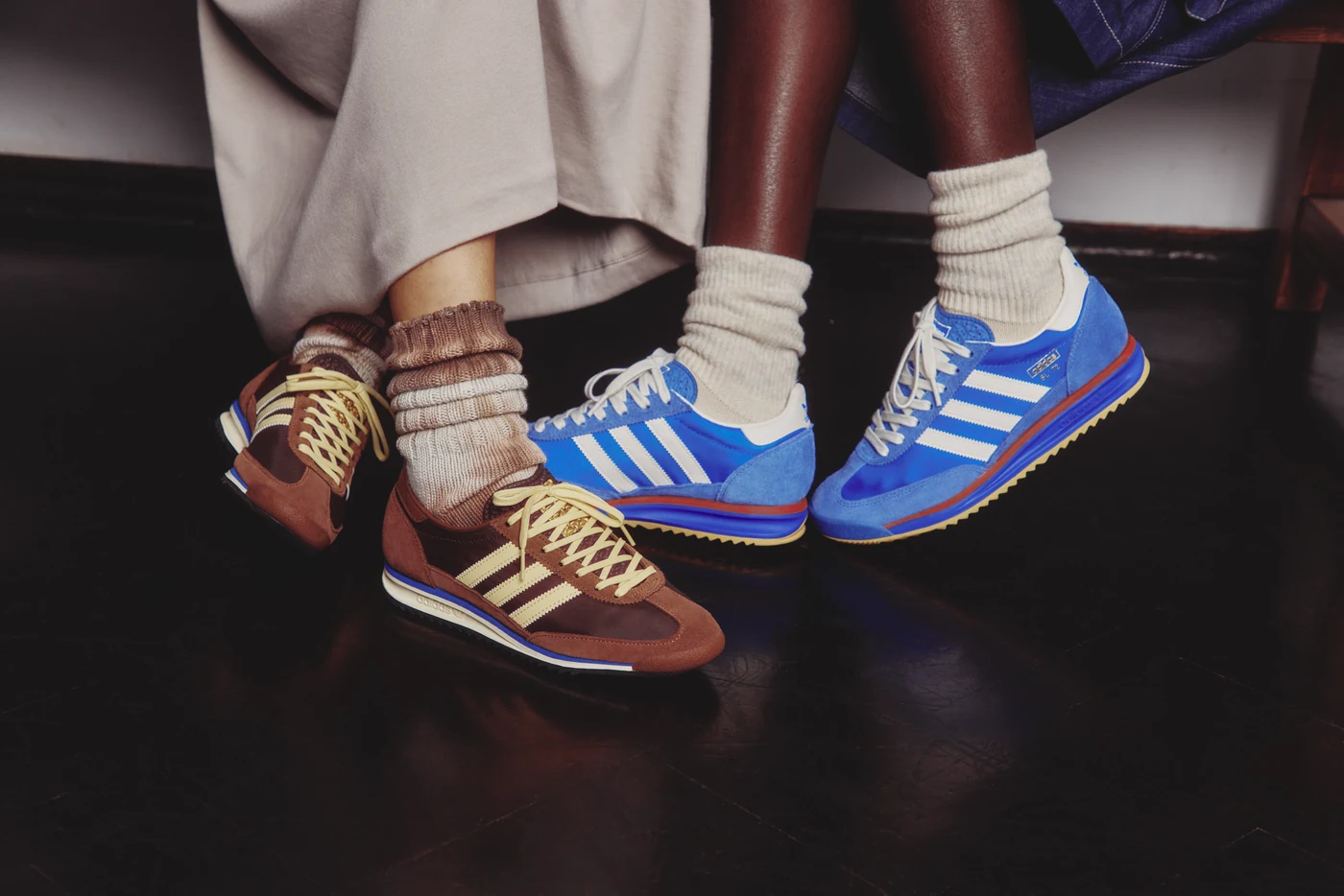 Blue and brown adidas SL72 footwear photographed together